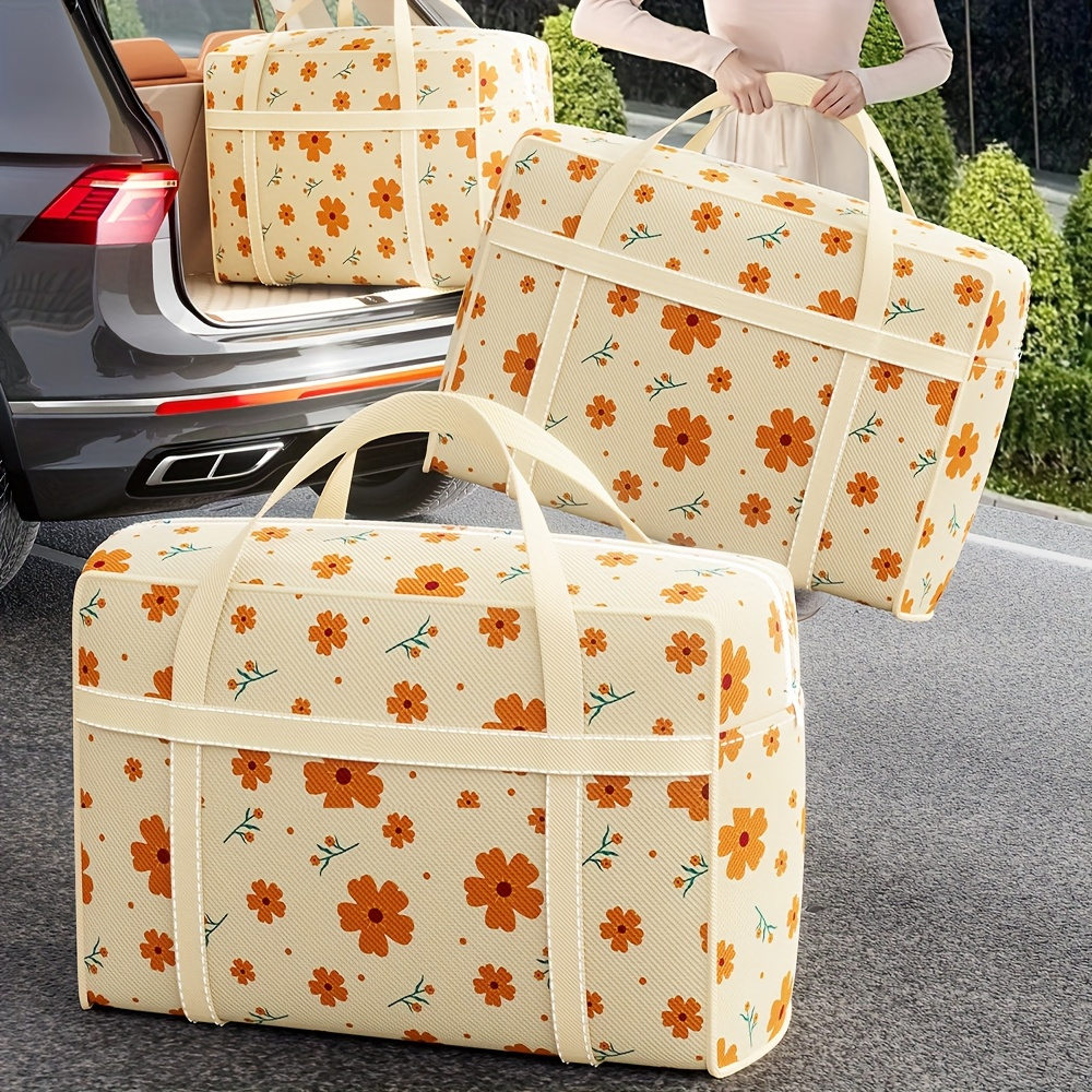 1pc foldable travel tote bag large capacity thickened storage bag with orange floral pattern durable fabric for moving luggage portable storage 1 4pcs luggage for travel functional design zipper closure sewing storage 0