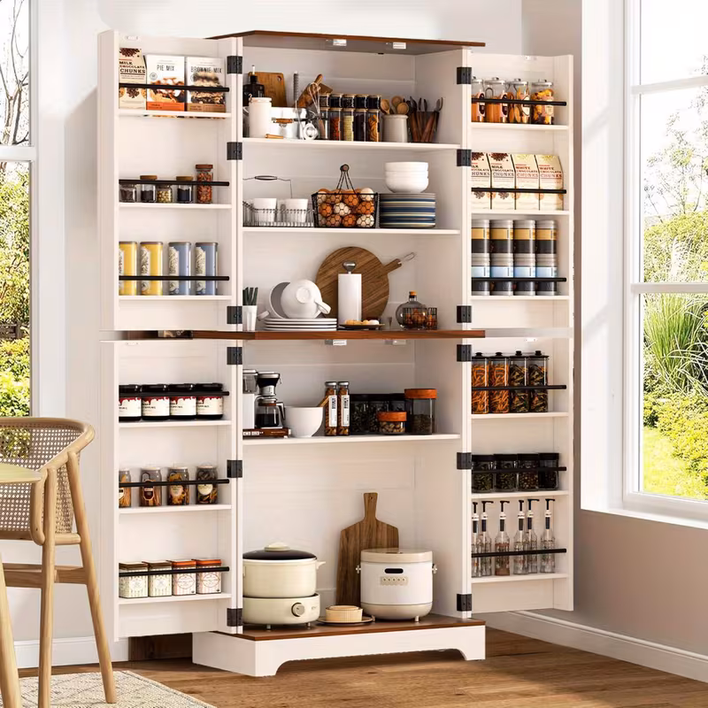 75" Tall White Farmhouse Storage Cabinet with Adjustable Shelves - Rustic Wood Pantry Cupboard for Kitchen, Bathroom & Dining Room