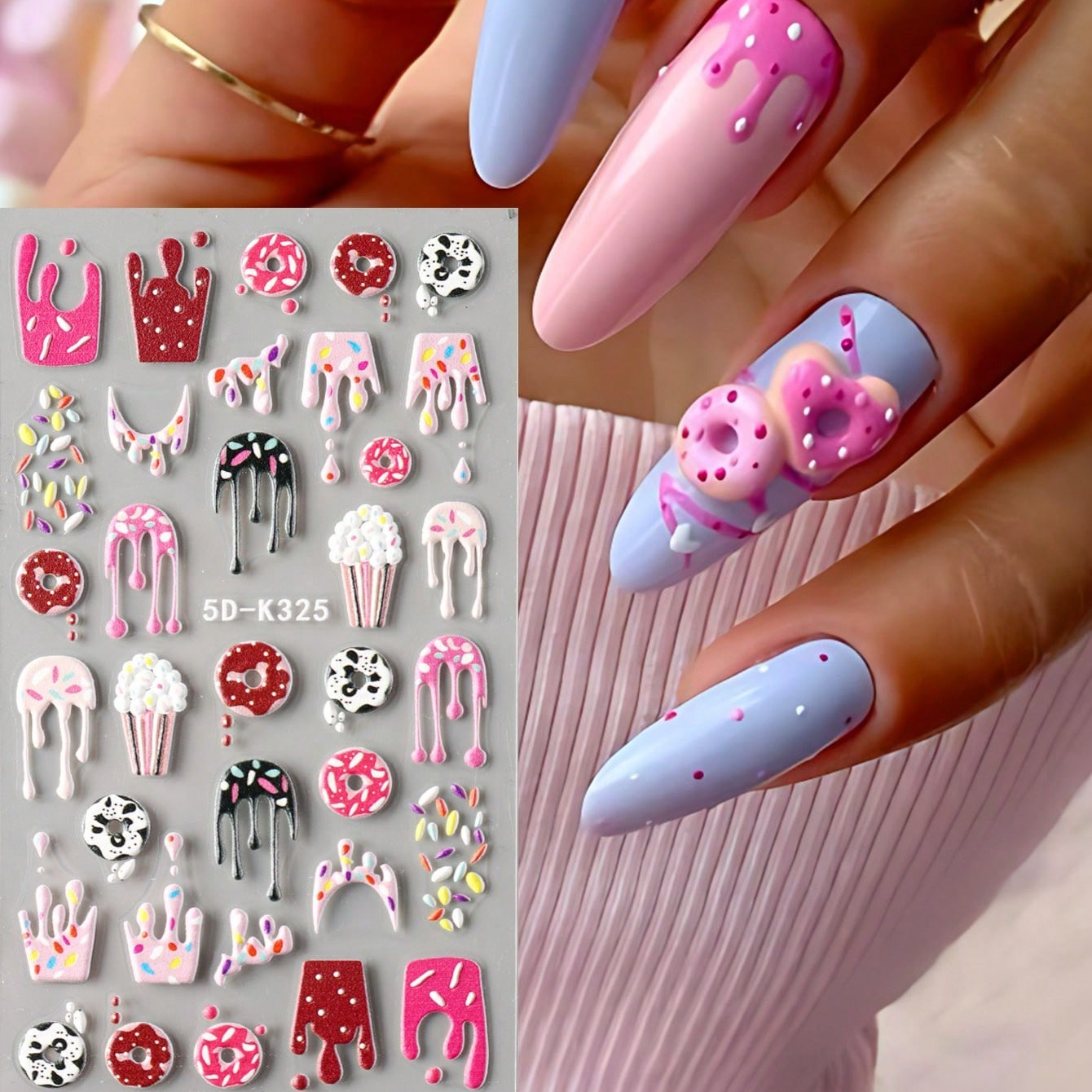 1pc Relief Donut Ice Cream Dessert Nail Stickers Nail Charm Adhesive Decorations For Manicure