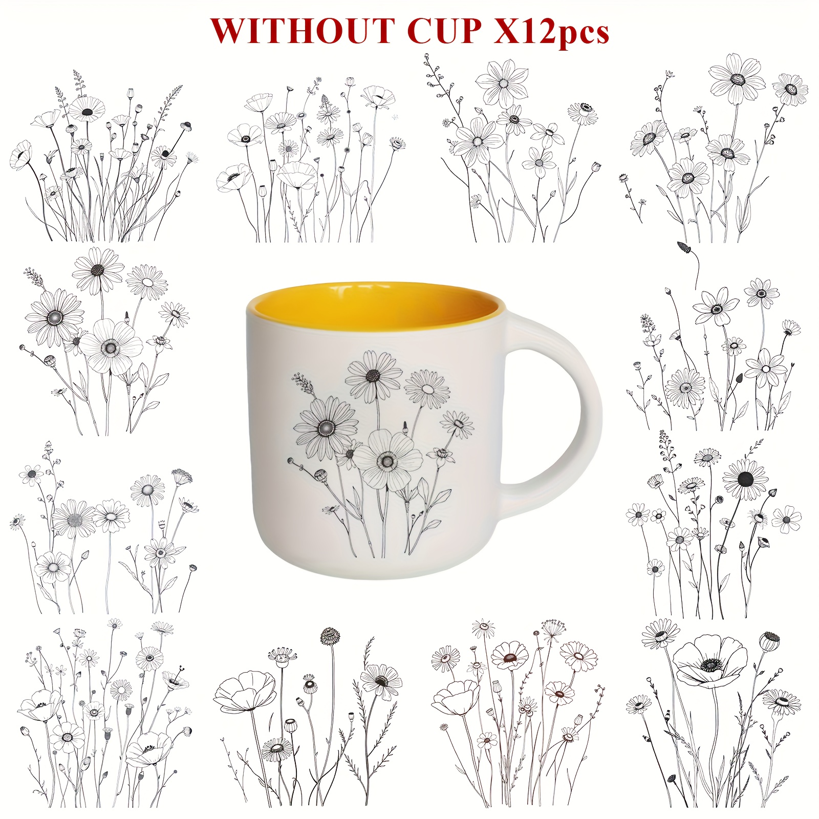 Image of 12 Black And White Line-drawn -themed Transfer Stickers, Presenting Elements In A Black And White Line . Suitable For Mugs/16oz Glass Cups, Diy High-quality Crystal Decals, Beer Mugs, Iced Coffee Cups