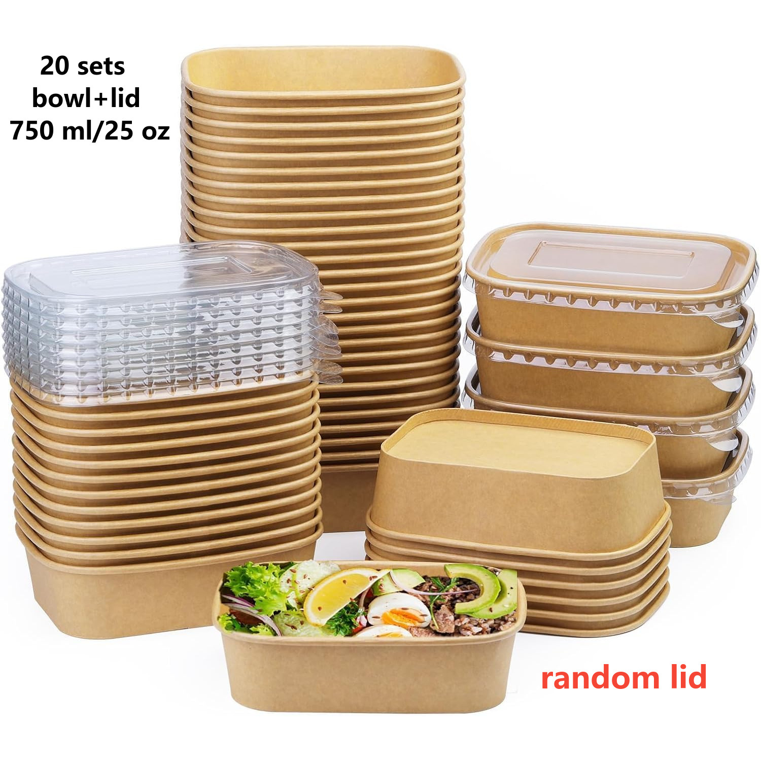 Image of 20pcs Square Paper Bow With Lids, 25oz Polypropylene(pp) Salad Boxes, Closure, For Meal Prep, Takeout, Food Delivery- Perfect For Christmas, Thanksgiving, Valentine's Day, Labor Day, Earth Day