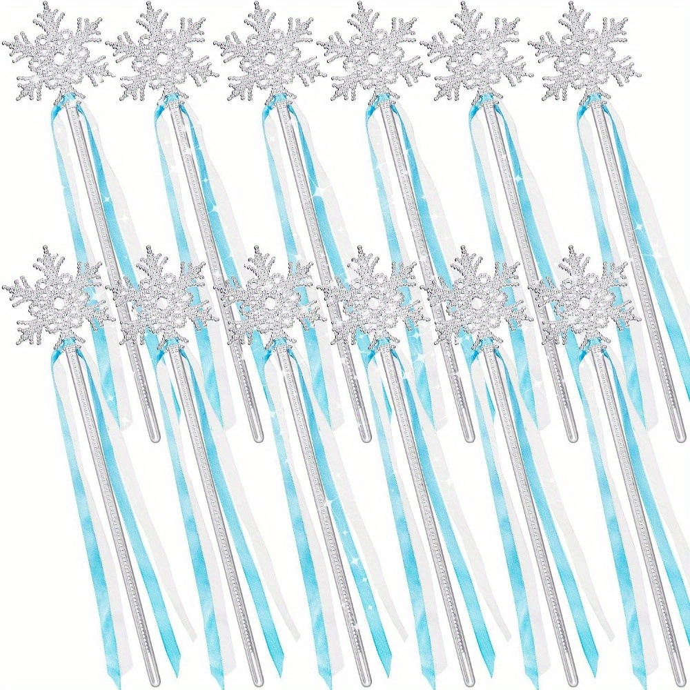Image of 12 Elegant Silvery Snowflake Wands With Blue Ribbon, Durable Plastic Material, Winter Princess Wands, Suitable For Holiday Winter Themed Party Decorations