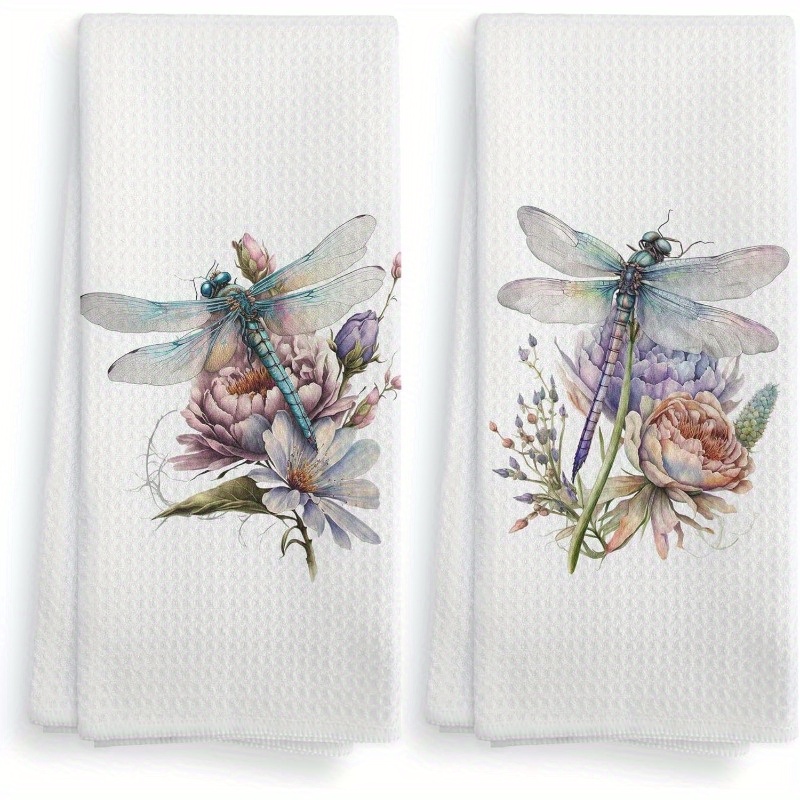 

2pcs Dragonfly Kitchen Towels, Modern Woven Polyester Dish Cloths, Super Soft, Machine Washable, Insect & Floral Hand Towels For Kitchen & Bathroom