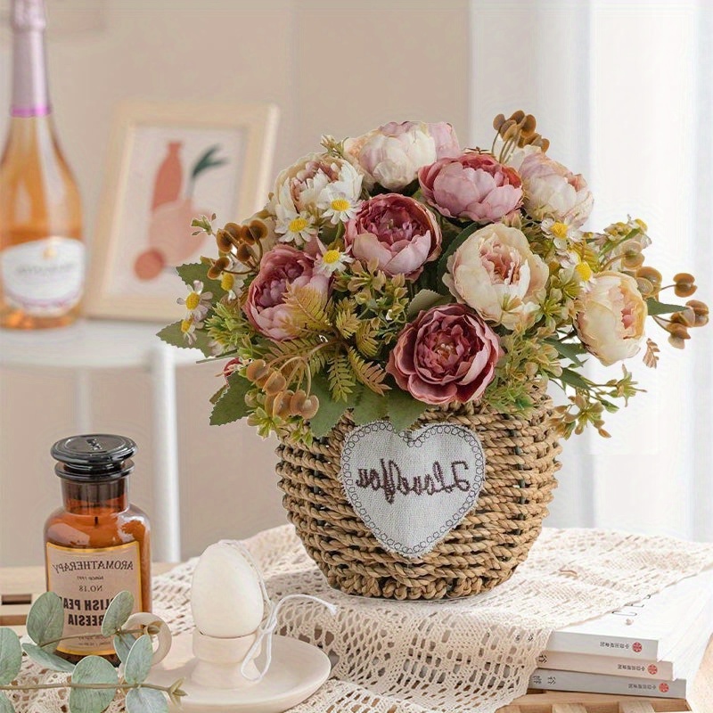 Image of Handcrafted Artificial In Woven Basket - Plastic Floral Arrangement For Valentine's Decor, No Electricity Or Battery Needed