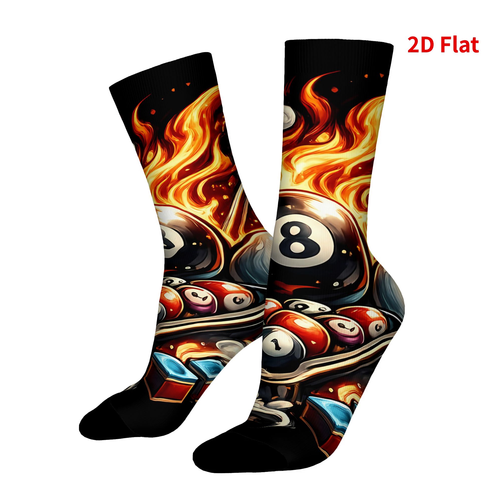 TEMU 2D Print Design Biljart Fire Heren Novelty Crew Sokken, Street Style Mid-Calf Sokken, Ademend voor Sport en Dagelijks Gebruik