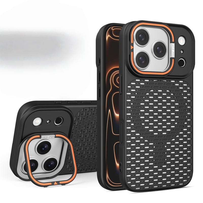 TEMU Phone Case - Hollow Grid Heat Dissipation Phone Case With Foldable Camera Bracket, Compatible With Iphone 17 16 15 14 13 12 11 Pro Plus