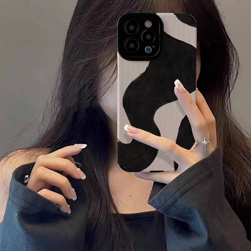 Simple Black Ink Pattern Mobile Phone Case Suitable for iPhone 16, 15, 14, 13, 12, 11, ProMax, plus, PRO Synthetic Faux Leather Matte Soft Mobile Phone Case, Full Edge Suede Mobile Phone Protective Case