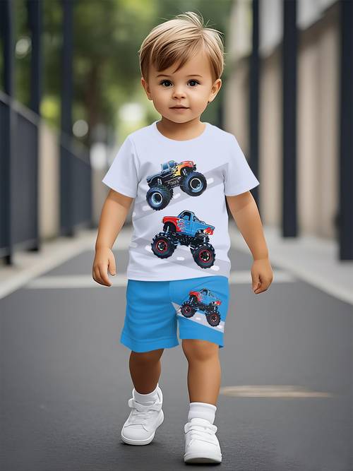 summer short sleeved set for boys featuring trendy off road vehicle print stylish and comfortable short sleeved set outdoor