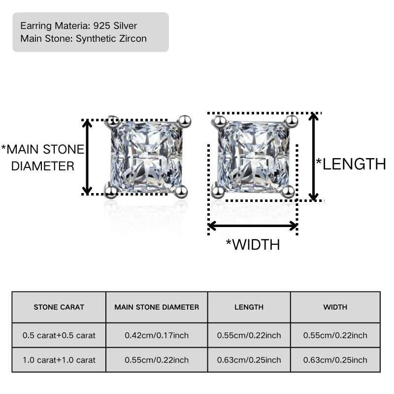 Stylish 925 Silver Square Synthetic Cubic Zirconia Stud Earrings