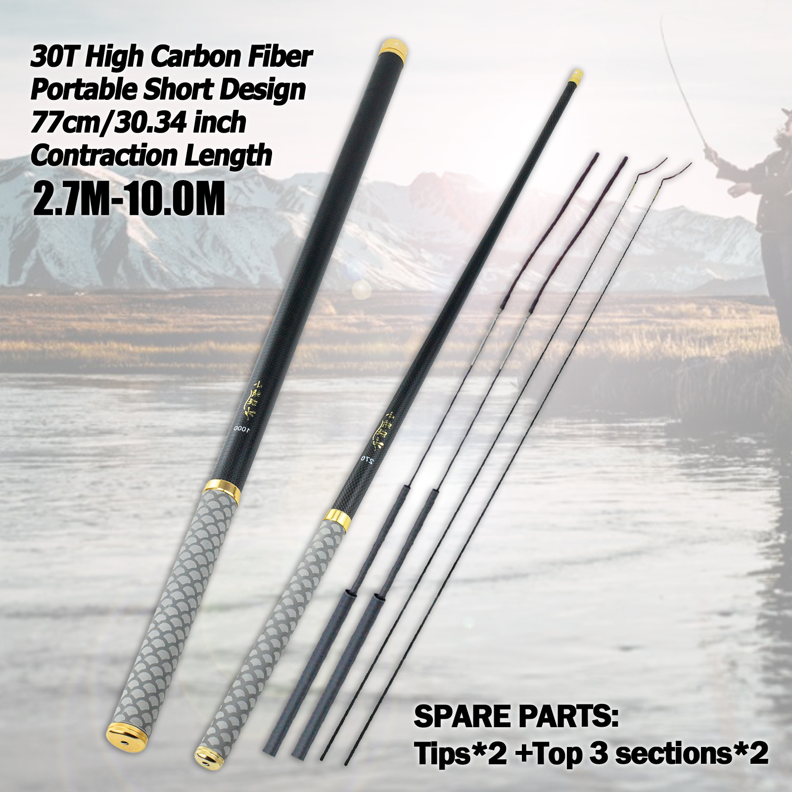 2.7-10M 1 Rod with 2 Sets - Rod Tip + First Three Sections - 30* Fiber  Ultralight And Super Hard Short Section Stream Rod Hand Rod Contraction  Length 77CM Fishing Rod