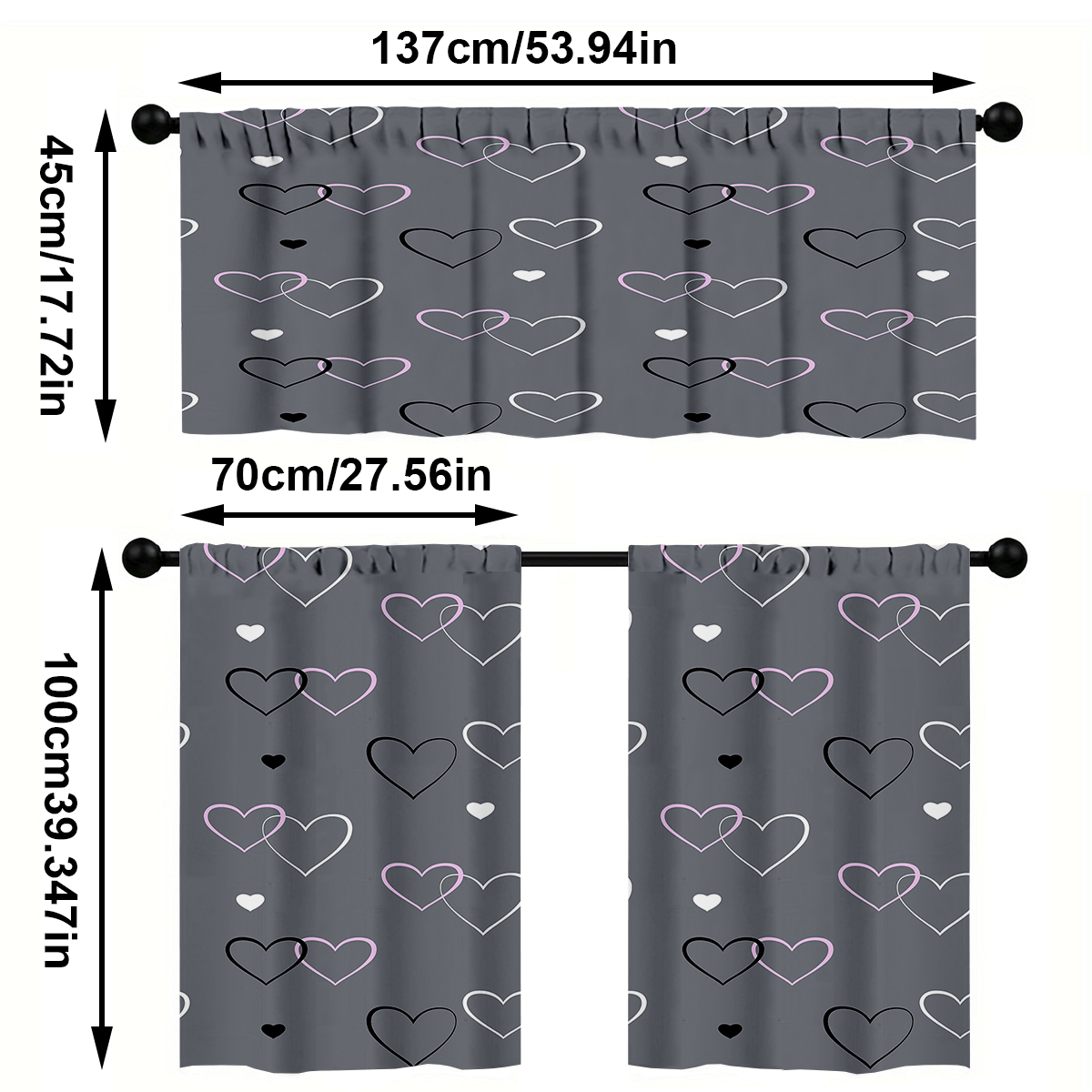 TEMU 3pcs/set Kitchen Curtain Sets, Grey Bottom Print Curtain Set, Rod Pocket Valance Curtain Tier, 1 Valance/2 Cafe Curtains Tiers, Window For