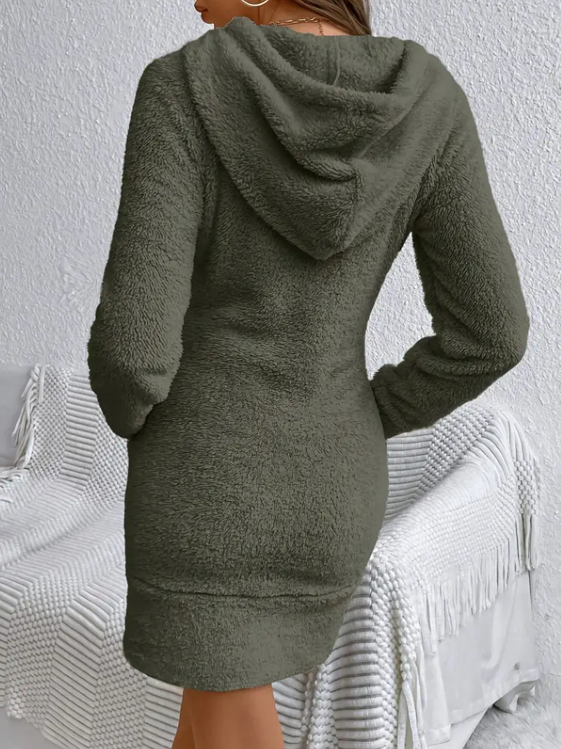 女士卫衣，带帽卫衣连衣裙，休闲抽绳口袋套头衫毛绒卫衣连衣裙 商品详情 5