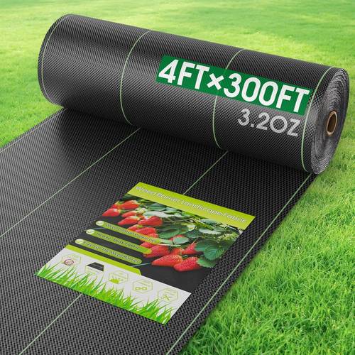 item picture heavy duty barrier fabric measuring 4 feet by 300 feet suitable for gardening and landscaping this durable material is designed for effective control in garden beds landscaping projects commercial driveways and as an underlayment
