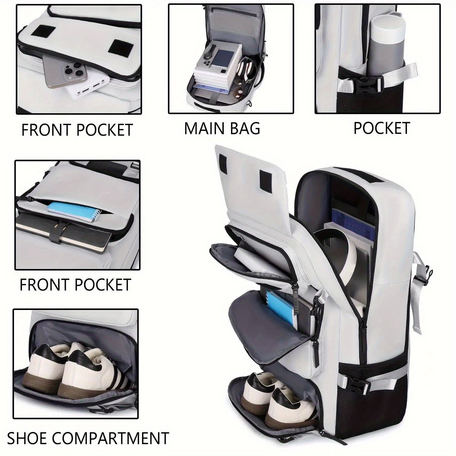 Sac à Dos Homme Grande Capacité avec Compartiment Chaussures & Poche pour Ordinateur Portable 43,94 cm - Polyester Résistant, Bretelles Rembourrées Réglables, Poches Zippées Multiples, Sac à Dos Élégant Blanc pour Voyage, Travail et École - Design Moderne