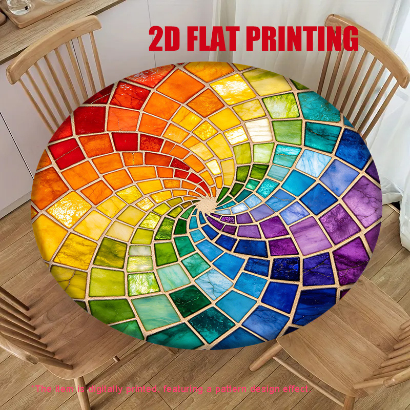 TEMU Nappe ronde extensible 1 pièce avec impression numérique 2D à plat, mosaïque colorée, housse de table extensible, matériau extensible lavable,
