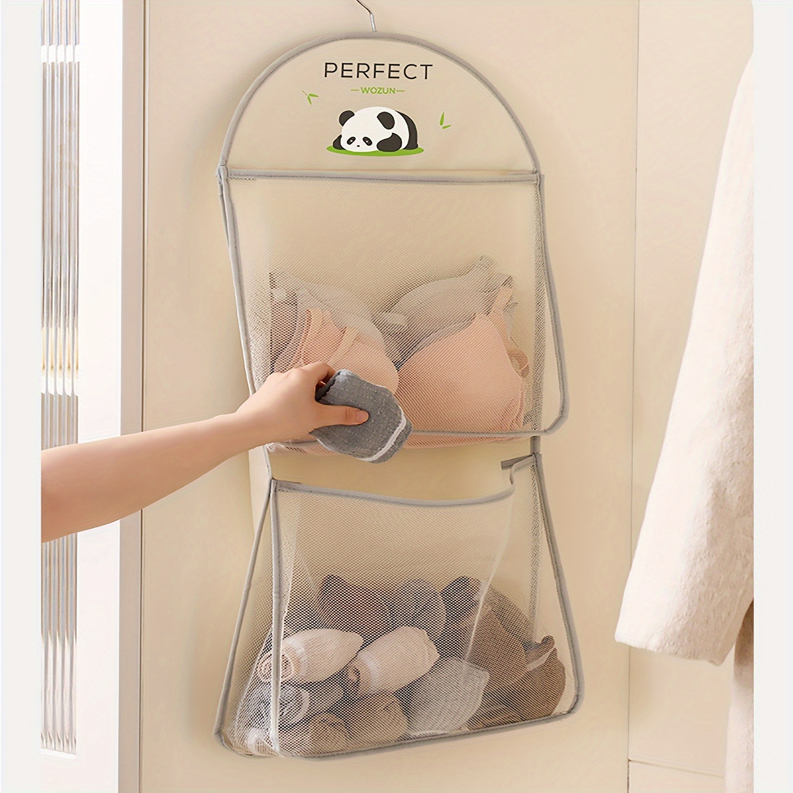 1 pack panda design hanging mesh organizer breathable polyester underwear socks storage with multiple compartments space saving wall or door hanging organizer for closet bathroom bedroom kitchen bathroom storage organizer clear compartments underwear drawer organizer Product details 1