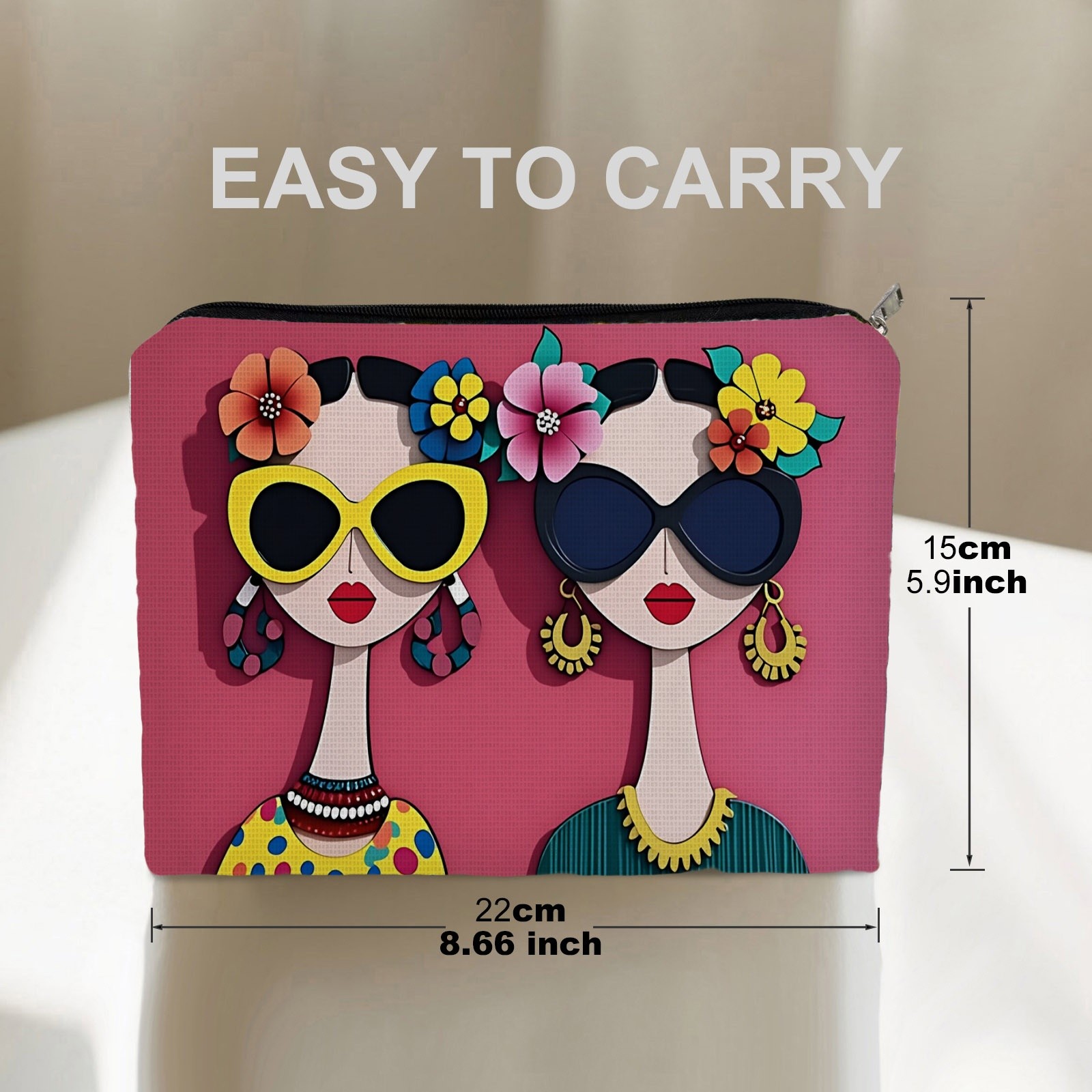 TEMU Trousse de maquillage en polyester à double face avec imprimé de silhouette féminine, 5,9 po * 8,66 po, organisateur de voyage portable avec
