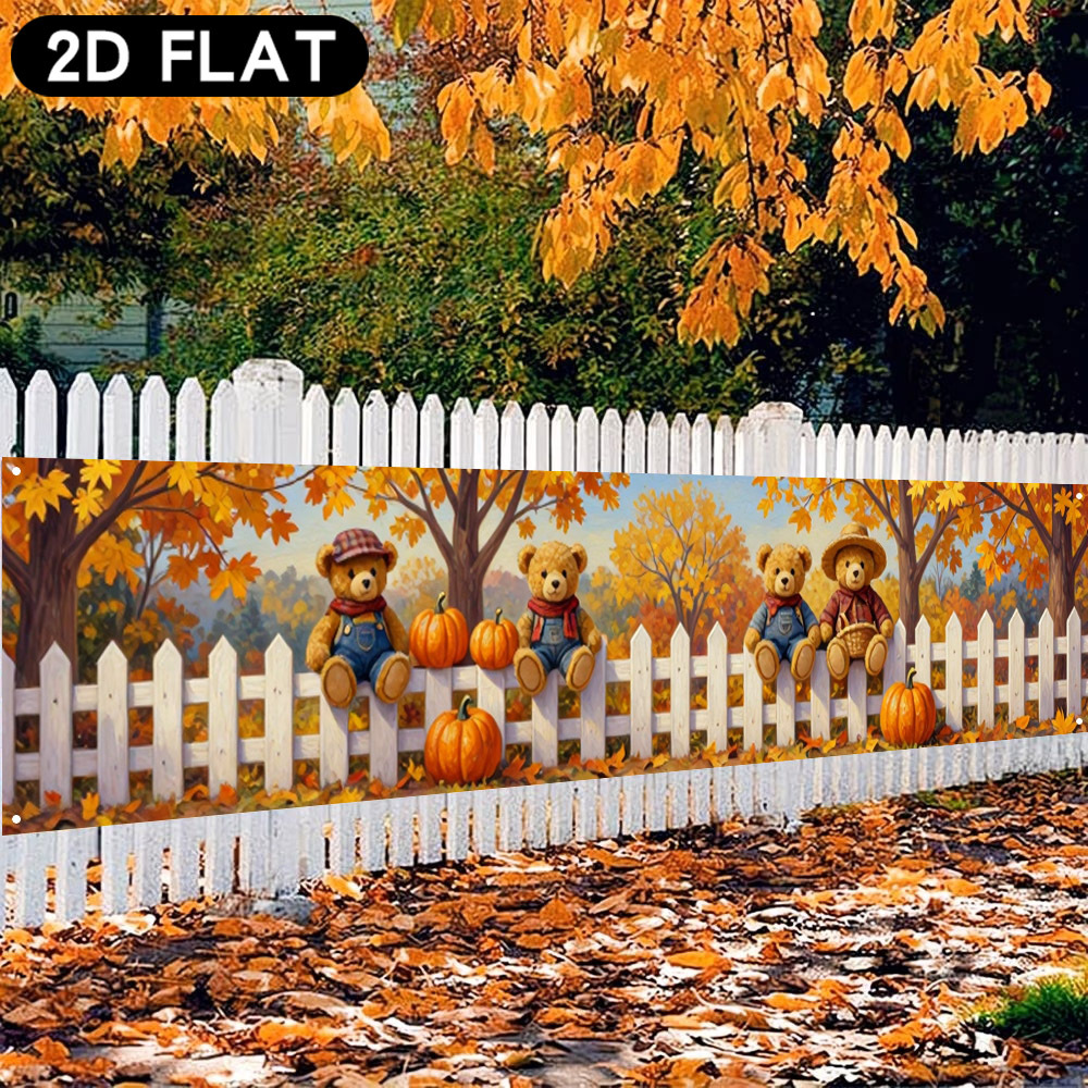 TEMU 2d Flat, 1pc Banner With Cute Bear & Maple Leaf Fence Suitable For Thanksgiving, Fall Decorations, Indoor/outdoor Decoration For Garden, Porch,