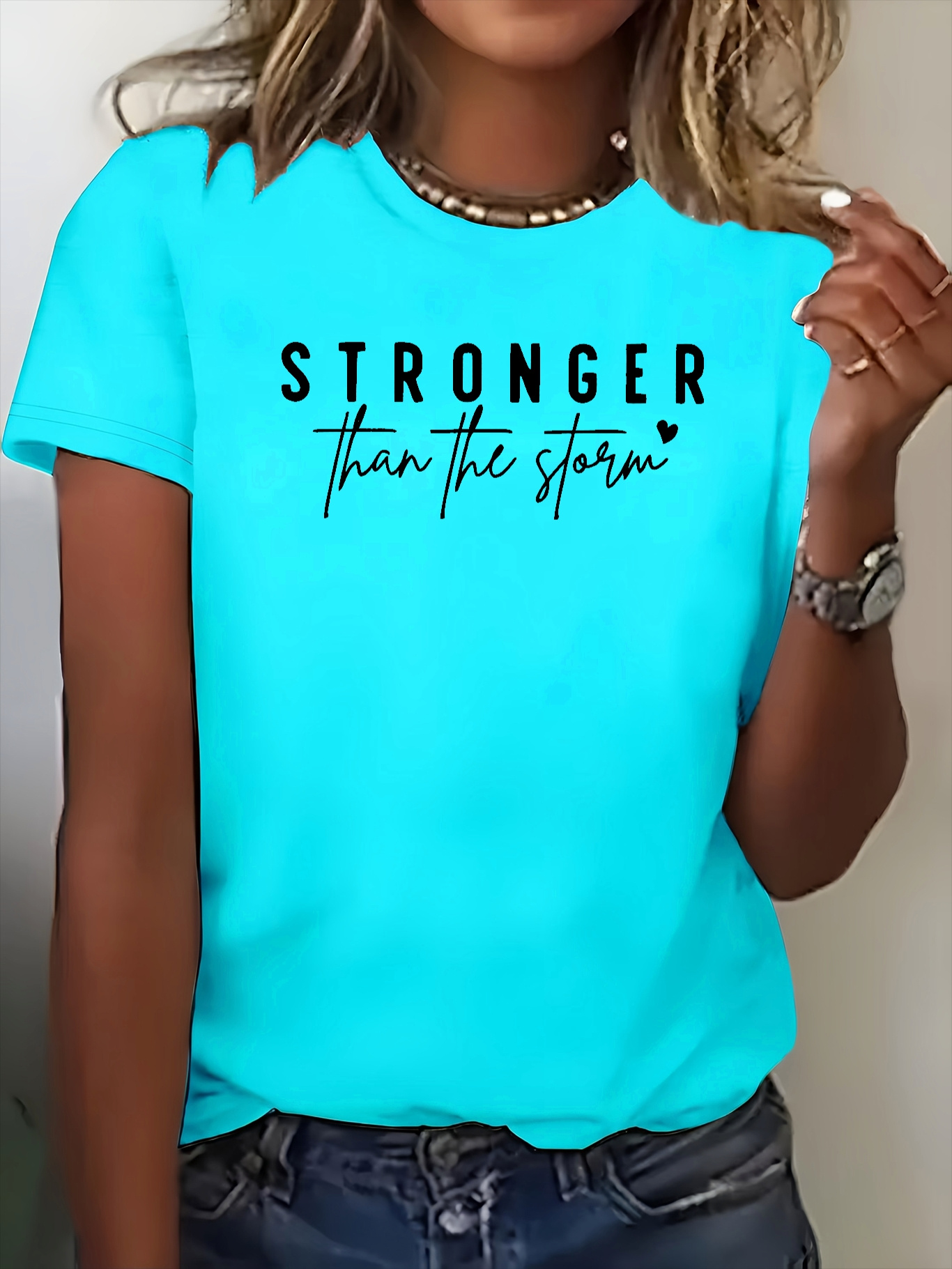 womens turquoise stronger than   graphic t shirt elegant round neck short sleeve breathable polyester machine washable spring summer casual   t shirts summer outfit   text design smooth texture