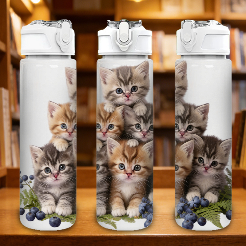 TEMU 1pc Plant Cat Print, 750ml/26oz White Plastic Sports Water Bottle, Cute Printed Design, With Pop-up Lid, Ideal For Outdoor Activities, Running,