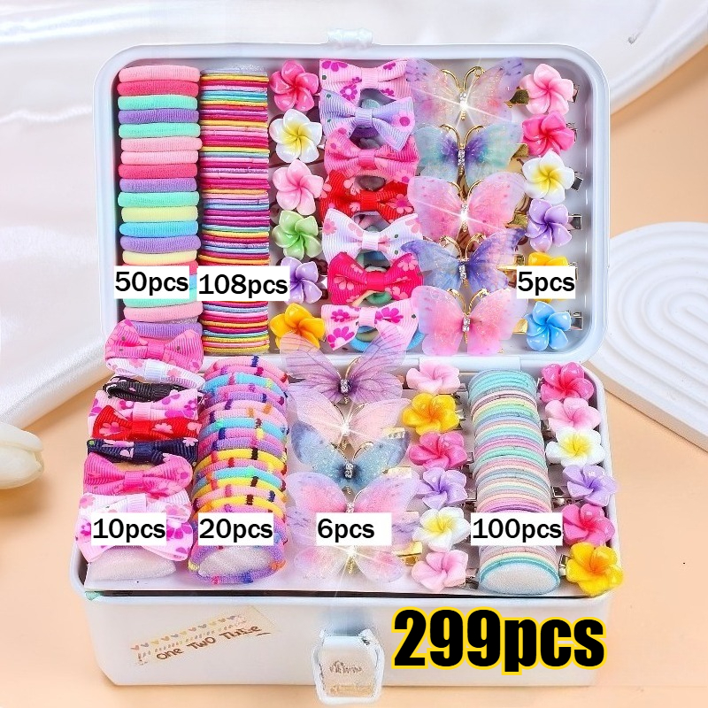 (299pcs) Cute And Transparent Hair Clips And Headbands, with Sparkling Rhinestones, Featuring a Multicolored Bow Design, Daily Use, Ponytails, Celebrations, Weddings, Sports Activities