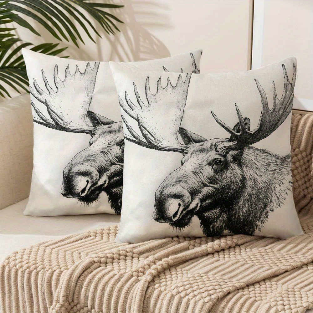 

2pcs Jieyoumi Contemporary Style Black Moose Pillow Covers, 18x18 Inch, Polyester, Zippered, Machine Washable, Decorative Wildlife Drawing Cushion Cases For Couch, Chair, And Bedroom