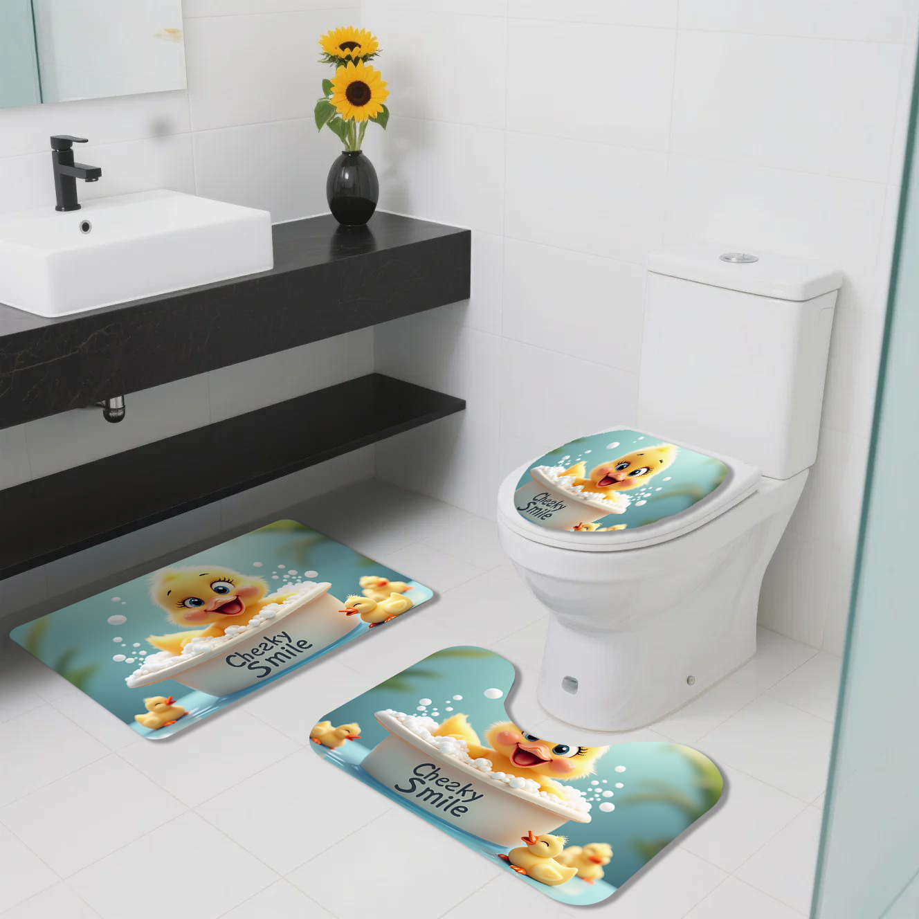 TEMU Flannel   Sponge   Dipped Plastic, 500g Per , 10mm Thickness, 3pcs Cute Bubble Little Yellow Duck Bath Pattern Printed Bathroom Mat Set, With