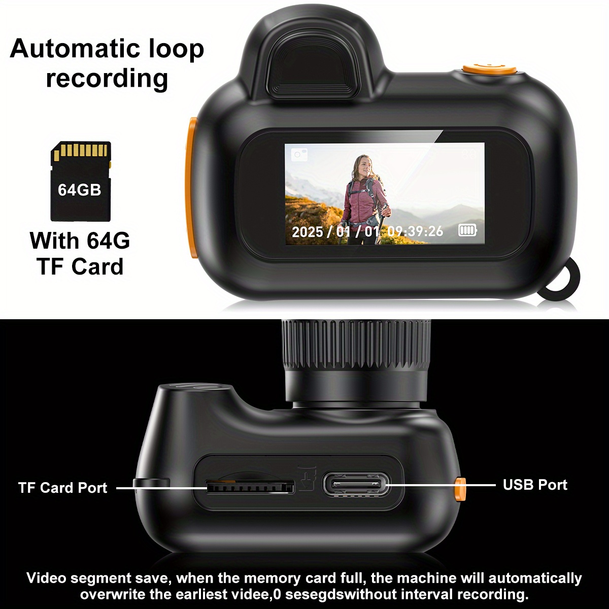 Dispositivo de grabación de video HD 1080P compacto - Cámara digital tipo llavero con tarjeta de memoria de 64 GB, pantalla HD de 0.96 pulgadas, batería de larga duración y diseño ultra portátil, ideal para viajes, vlogging y fotografía nocturna (Negro)