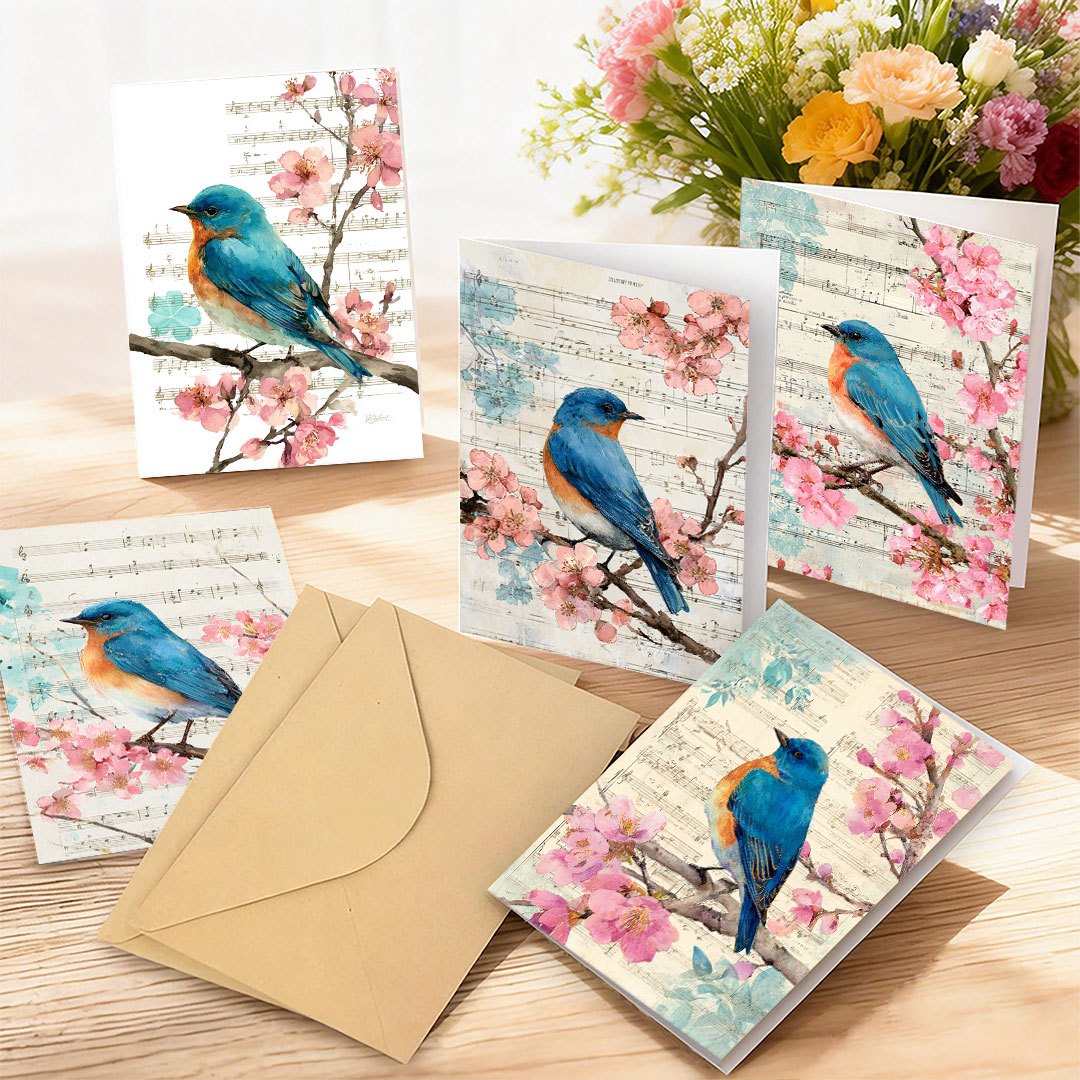 6 set 12 set blue bird pink flower and branch background sheet music pattern greeting card envelope set blank inner pages suitable for holidays parties and event invitations ideal holiday gift