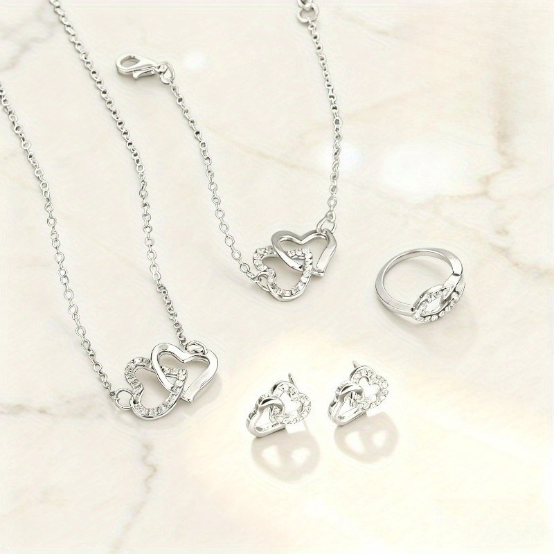 TEMU Parure de Bijoux 5 Pièces en Acier Inoxydable 304 à Double Cœur avec Synthétique : Collier, Boucles d'Oreilles, Bracelet, Bague. Cadeau de Fêtes