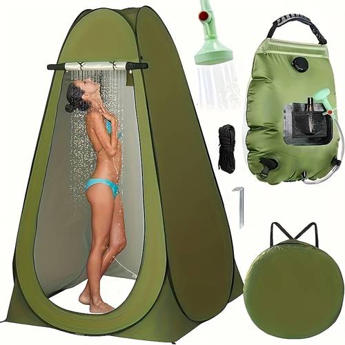 2pack up privacy tent camping shower set 5 gallon portable solar shower bag waterproof instant setup and easy to set up and fold suitable for hiking fishing beach use green outdoor shower tent up mothers and fathers day gif