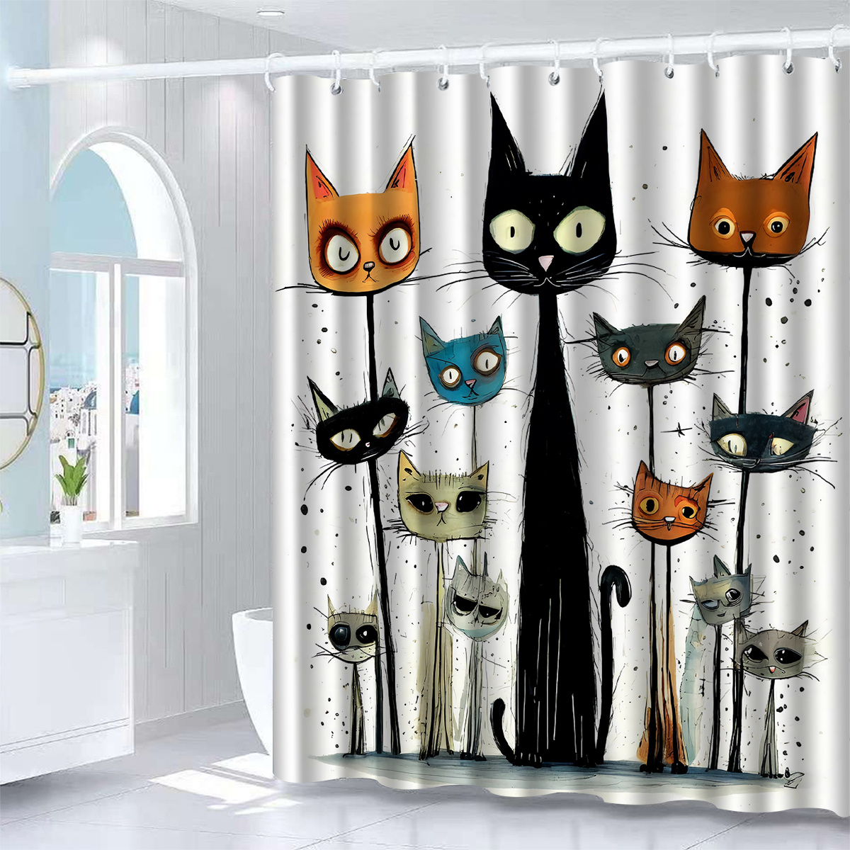 

1pc Whimsycat Water-resistant Polyester Shower Curtain, Machine Washable, , Kitten Design With Hooks, Woven Knit Fabric, Elegant Bathroom Decor