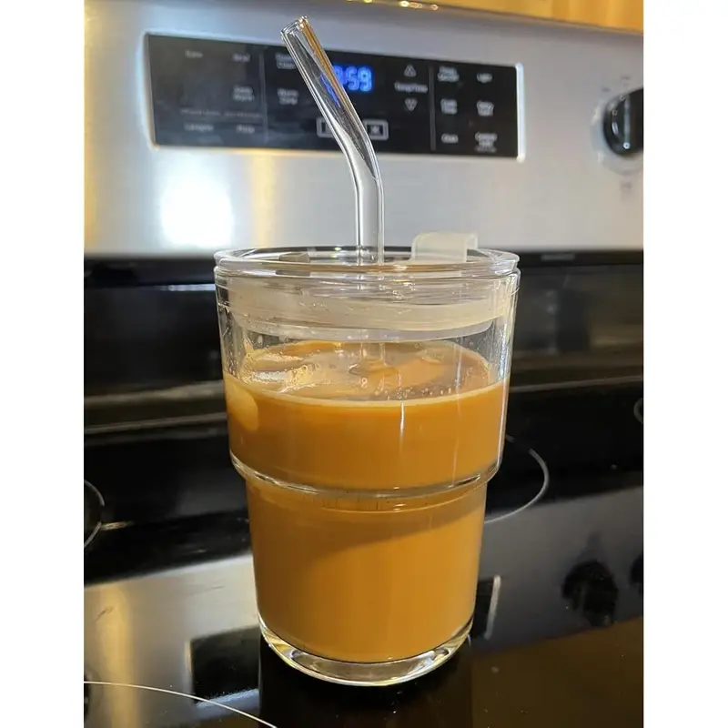 4pcs 13oz glass tumbler with straw lid reusable iced coffee cups matcha smoothies water glasses clear hand wash only cold drinks beverage glassware modern glassware durable glass Product details 2