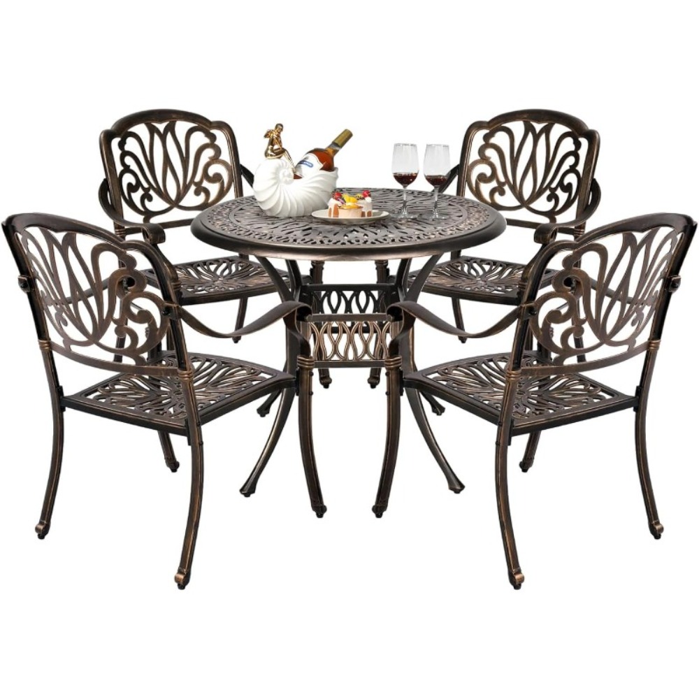 Bonnlo 5pcs Outdoor Dining Set Cast Aluminium Patio Furniture with 4 Chairs and 1 Umbrella Table for Garden Porch Poolside Weather-Resistant Bronze