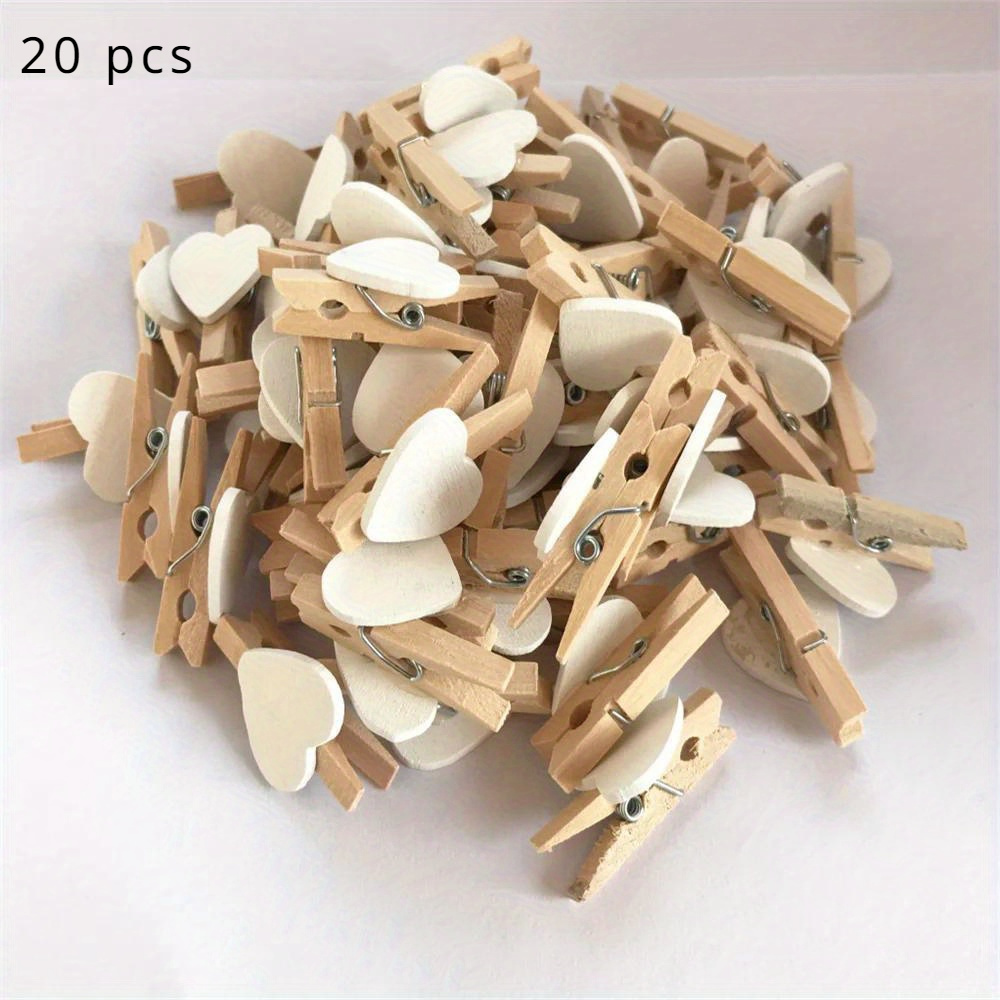 Image of Set Of 20 Heart-shaped Wooden Clips, Perfect For Crafts, Displaying Photos, Wedding Favors, And Decorations, Clothes Pins