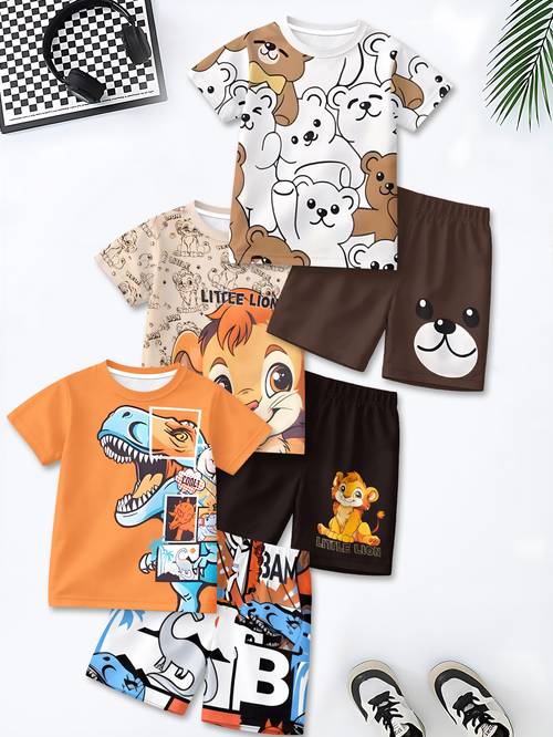 6pcs set of boys short sleeve shorts casual fashion style fun patterns summer outdoor sports outfit soft breathable comfortable boys short sleeve round neck t shirt and shorts set very suitable for wear outdoor travel for outdoor