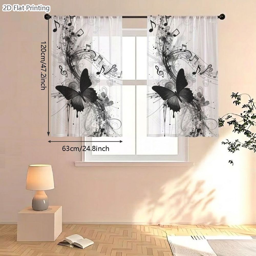 TEMU Plat 2D, 2pcs Rideaux Voilages Semi-Transparents, Rideaux Voilages à Imprimé Papillon Grunge avec Notes de Musique, pour Cafés, Salon, Cuisine,