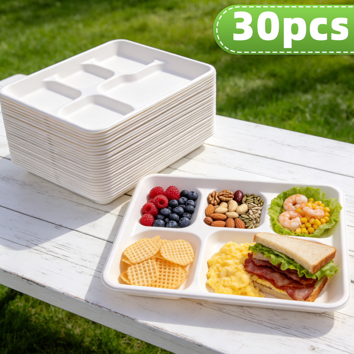 TEMU 30pcs Disposable Sugarcane 5 Compartment Food Tray, Tray, Platter, Tray, Kitchenware, Kitchen Additions, Party Supplies, Suitable For Picnics,