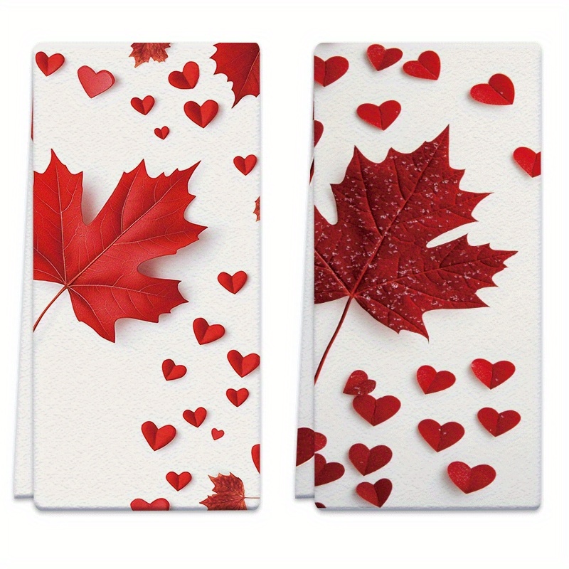 TEMU 2 pièces Torchons de Cuisine 18x26 pouces Feuille d'Érable Rouge, Cœur Rouge en Microfibre, Serviette à Main Absorbante , Convient pour , le