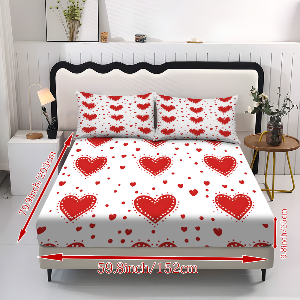 3pcs valentines day bedding set red hearts on white fitted sheet pillowcases soft mattress protector with deep pocket   to   machine washable   sheets for couples hotels dorms   design dorm essentials romantic decor durable construction hotel owners Product details 11