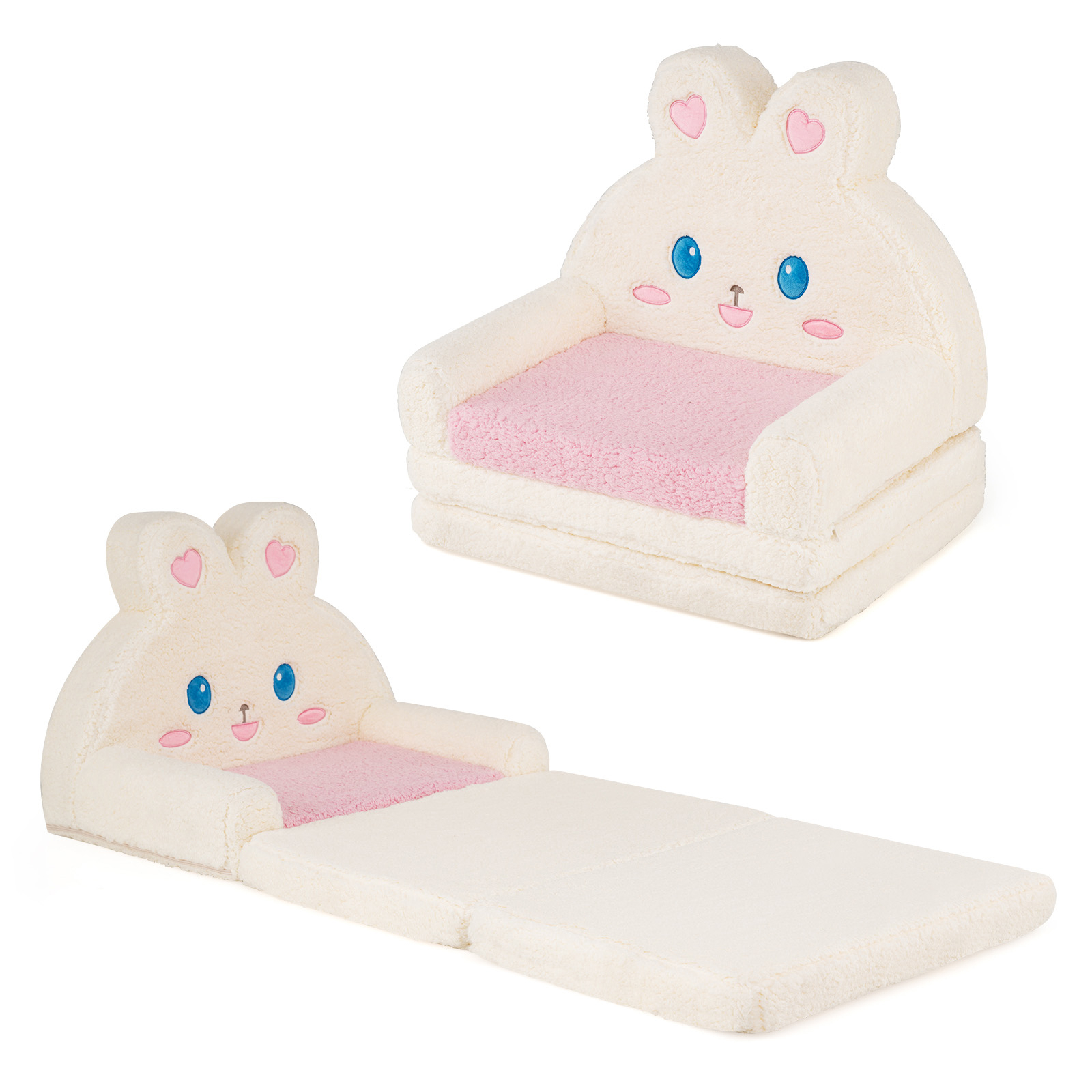 Image of 2-in-1 Convertible Kids Sofa To Lounger, Fold-out Couch With Removable Cover, Bunny Patterns, No Assembly Needed, Foldable Kids Sofa For Boys And Girls, Pink And Beige