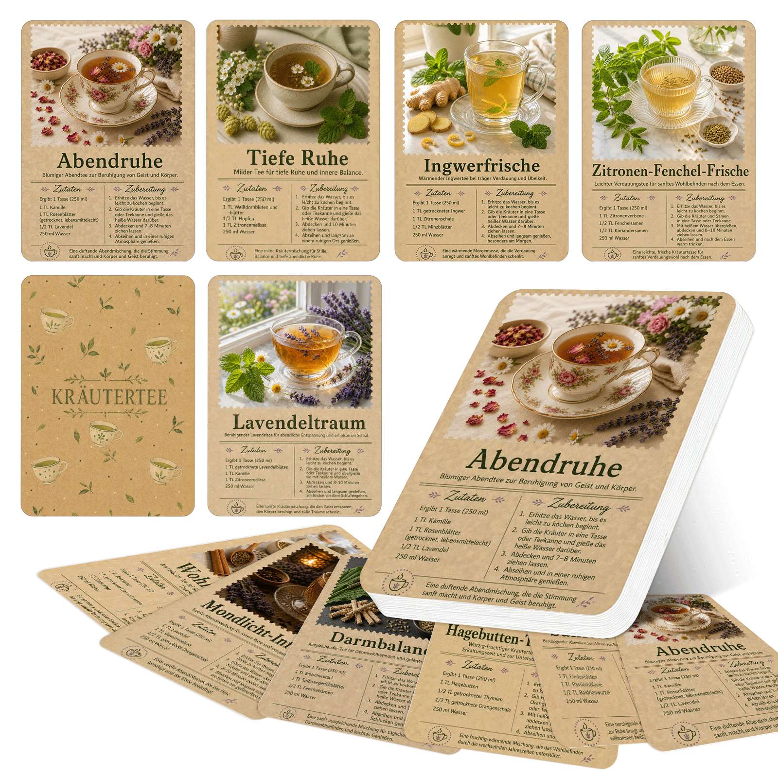 Image of German Version 55pcs Herbal Tea Recipe Cards Set, Deck , Easy-to- Recipes For Relaxation, Bedtime, Digestive & Daily Wellness, Home Tea Making Guide, Gift For