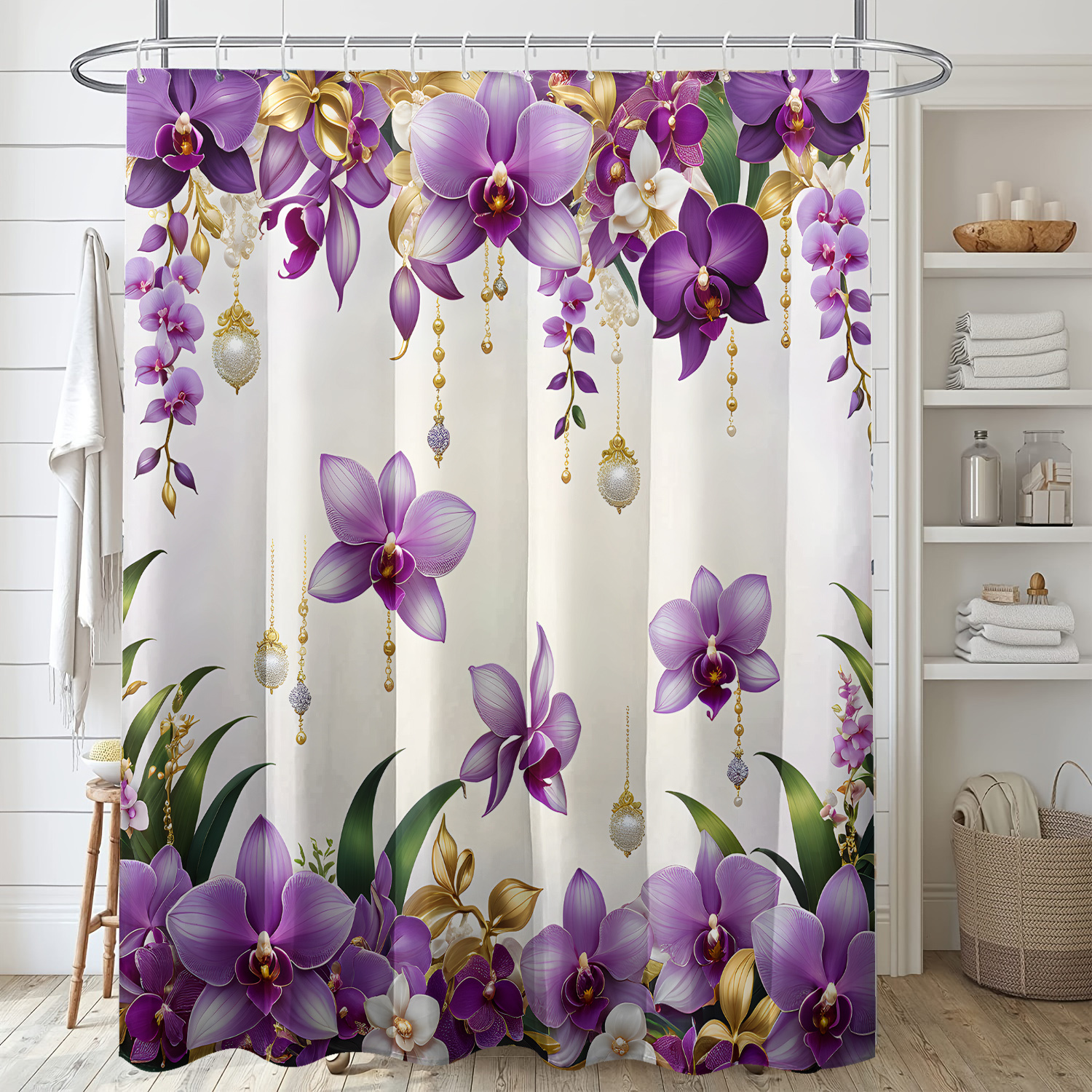 

Water-resistant Orchid Polyester Shower Curtain With Hook, Machine Washable, Woven Floral Bath , 71x71 Inch, With No Lining, For Home Decor