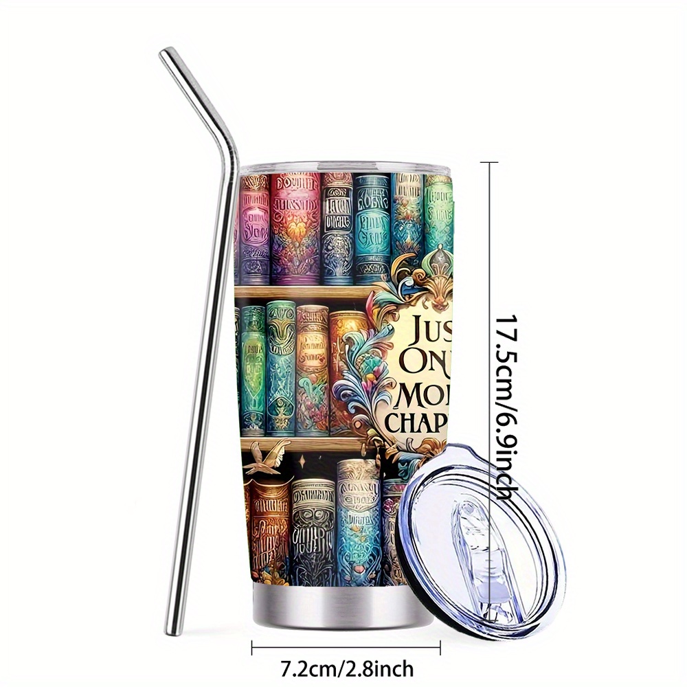 TEMU Vibrant Bookshelf Design Coffee Cup, 20oz Stainless Steel Tumbler With Lid & Straw, Travel Mug & Kitchen Storage, Bottle, Spring Drinkware For