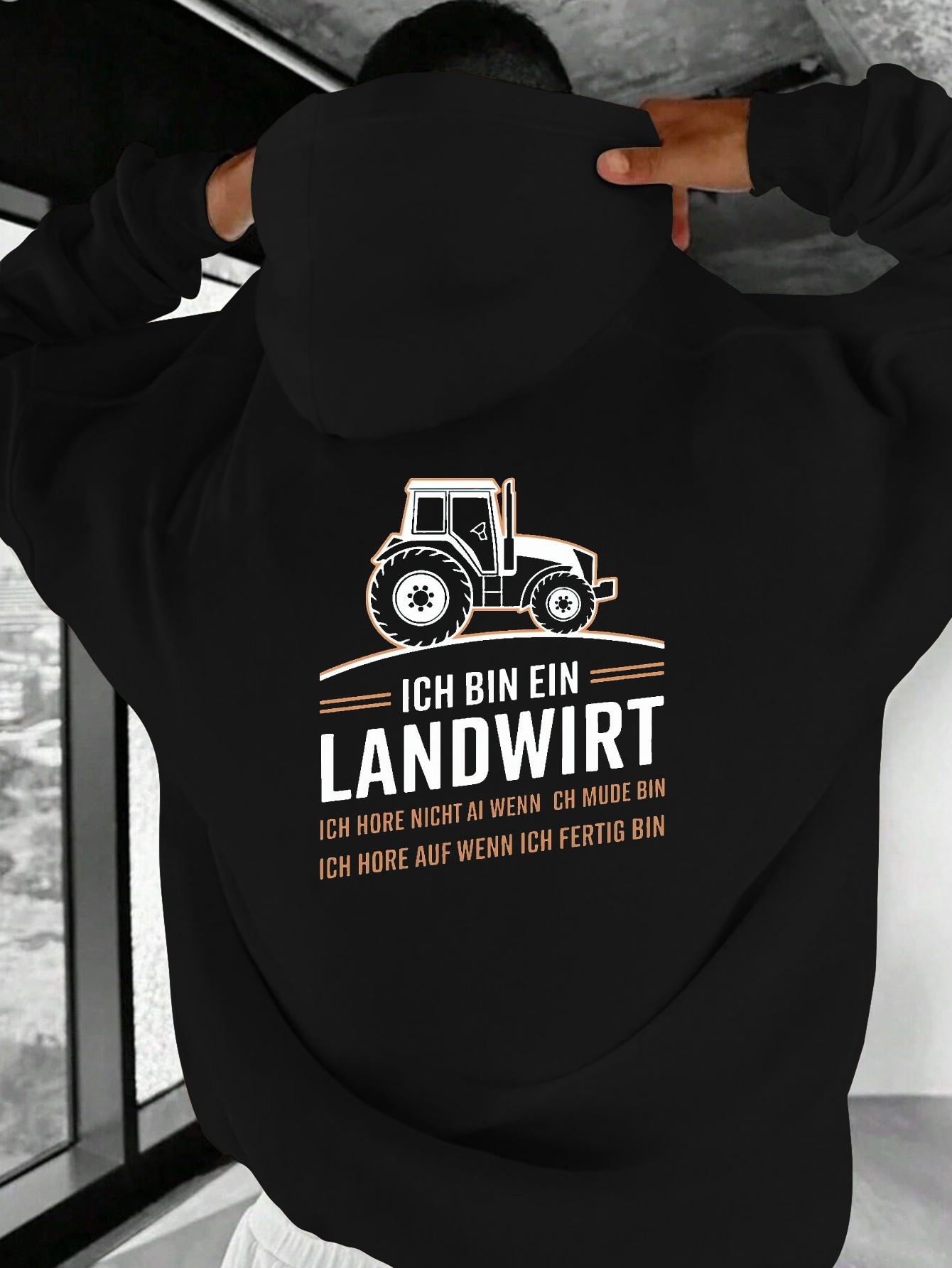 Men S Casual Gray Hoodie with Tractor & Ich BIN     Print - Loose Fit, Long Sleeve, Non-Stretch Fabric,   Fall/Winter Outdoor Activities, Tractor Clothes
