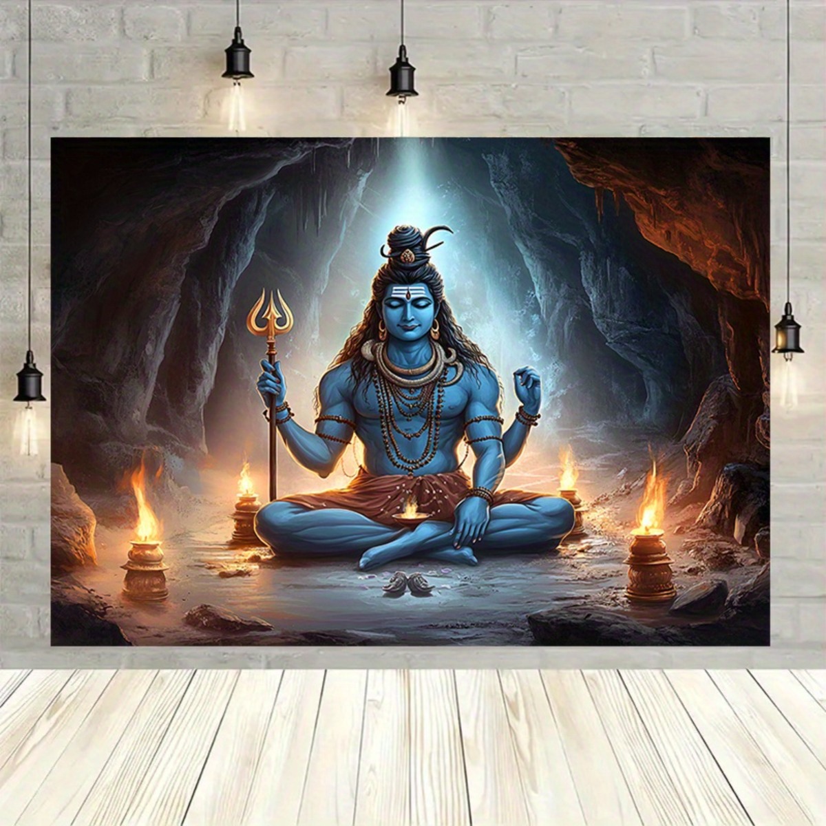 1pc Lord Shiva Meditation Backdrop - Large Wall Mural Hindu Deity with Nandi Bull-like Figure, Candles & Om Symbol - Vibrant Spiritual Decor for Pooja, Diwali, Christmas, Weddings, Home Temple or Studio Photo Background