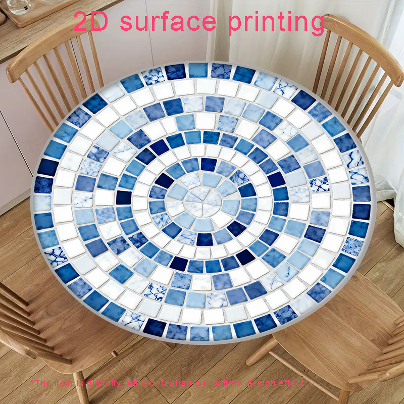 E-shop 2D-flach bedruckte elastische runde Tischdecke aus . Mit blau-weißer Mosaik-Textur, voller künstlerischem designtechnischem Reiz. Geeignet für