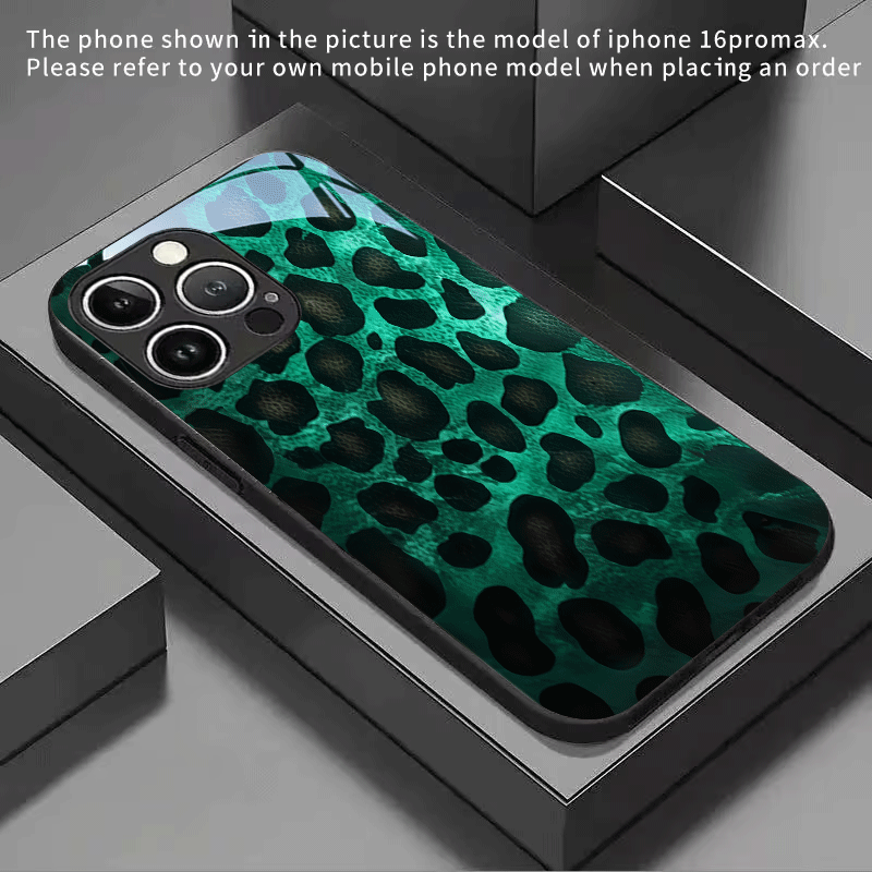 TEMU Phone Case - 2d Flat Green Leopard Print Texture Background Pattern Tempered Glass Phone Case Black For Iphone 17, 16, 15, 14, 13, 12, 11/17, 11