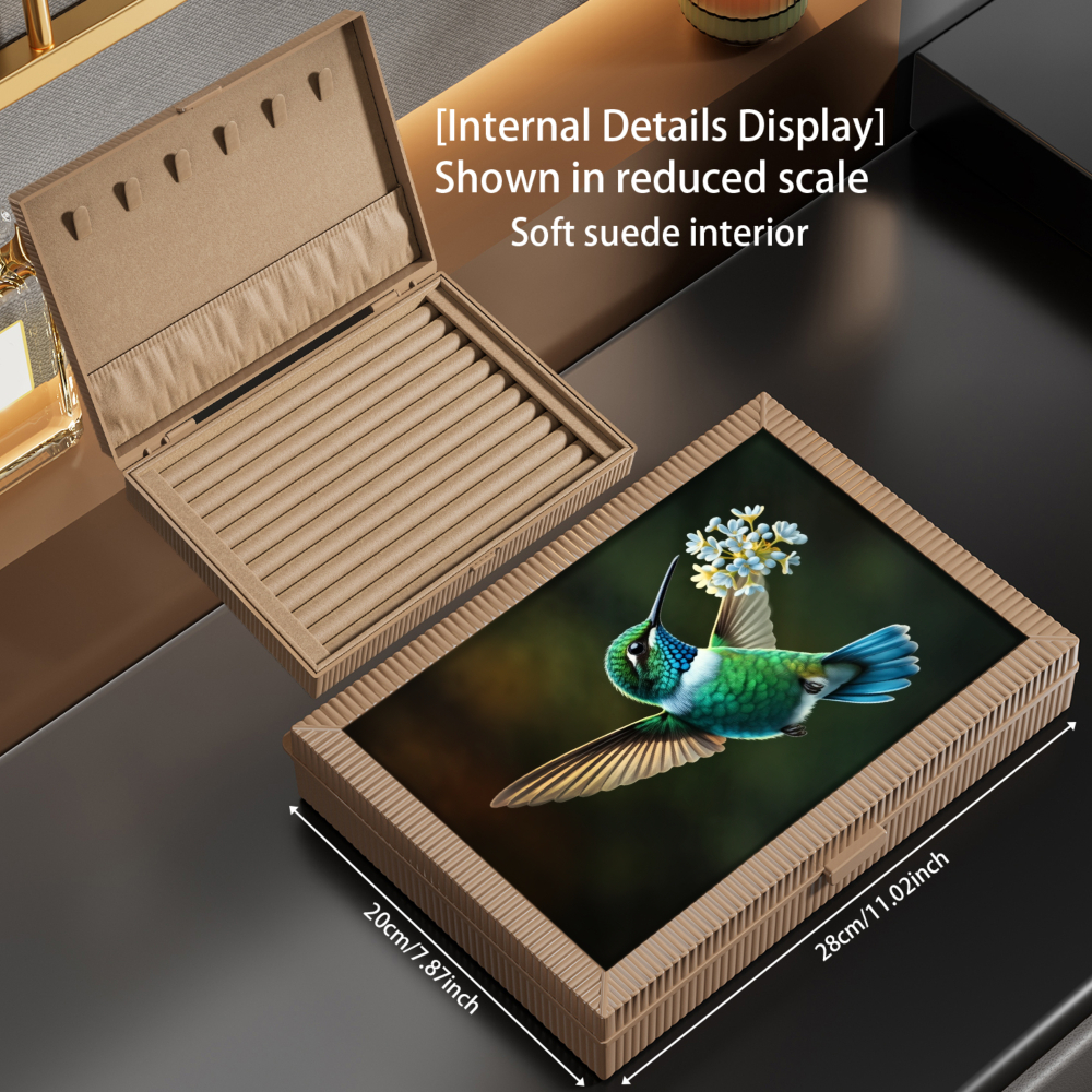 Bird on Feather Pattern Velvet Jewelry Box, Elegant Storage