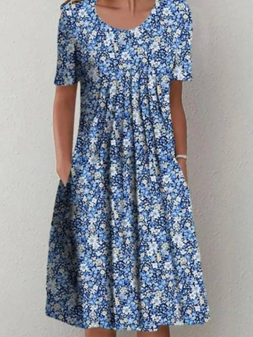floral round neck pocket midi dress spring summer womens casual feminine gown modern layered chic look relaxed